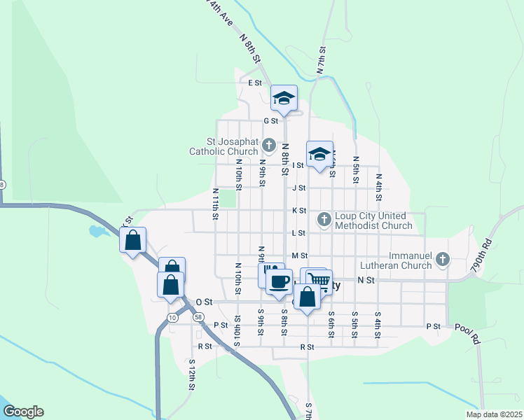 map of restaurants, bars, coffee shops, grocery stores, and more near 434 North 9th Street in Loup City