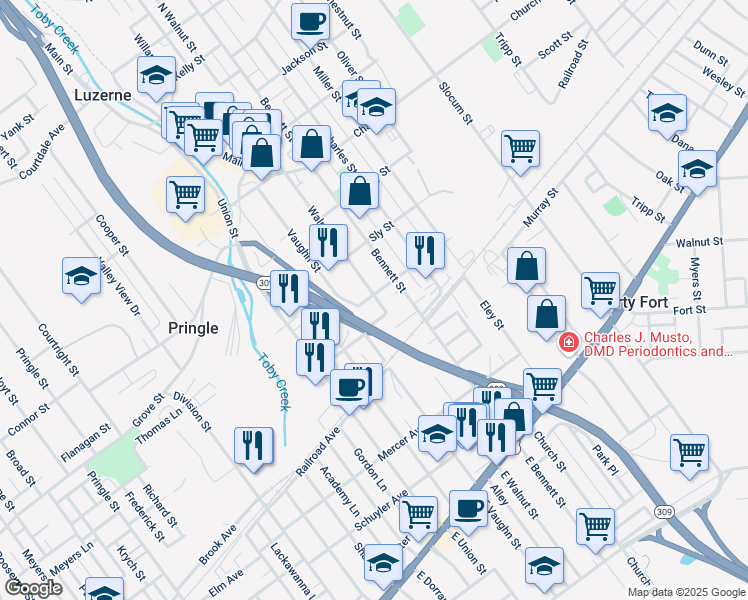 map of restaurants, bars, coffee shops, grocery stores, and more near 280 Walnut Street in Luzerne