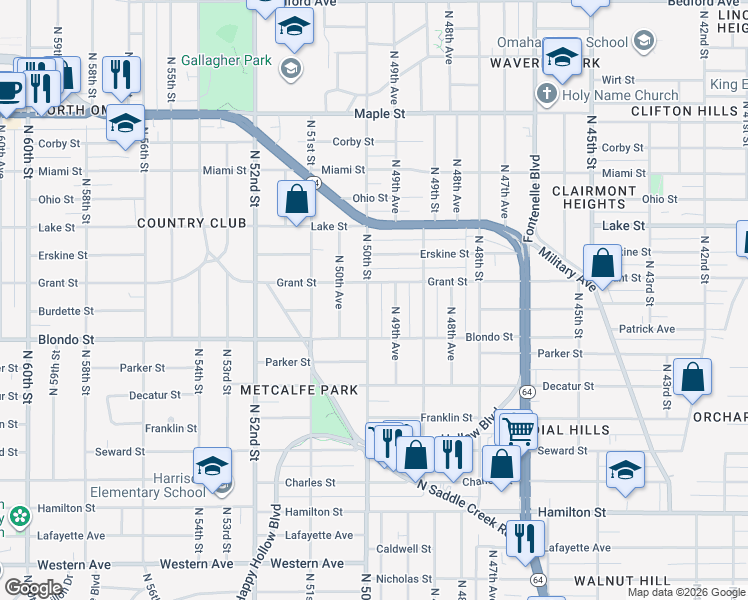 map of restaurants, bars, coffee shops, grocery stores, and more near 2020 North 49th Avenue in Omaha