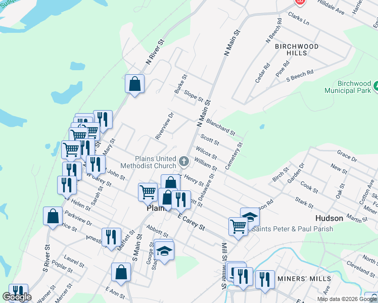 map of restaurants, bars, coffee shops, grocery stores, and more near 54 Delaware Street in Wilkes-Barre