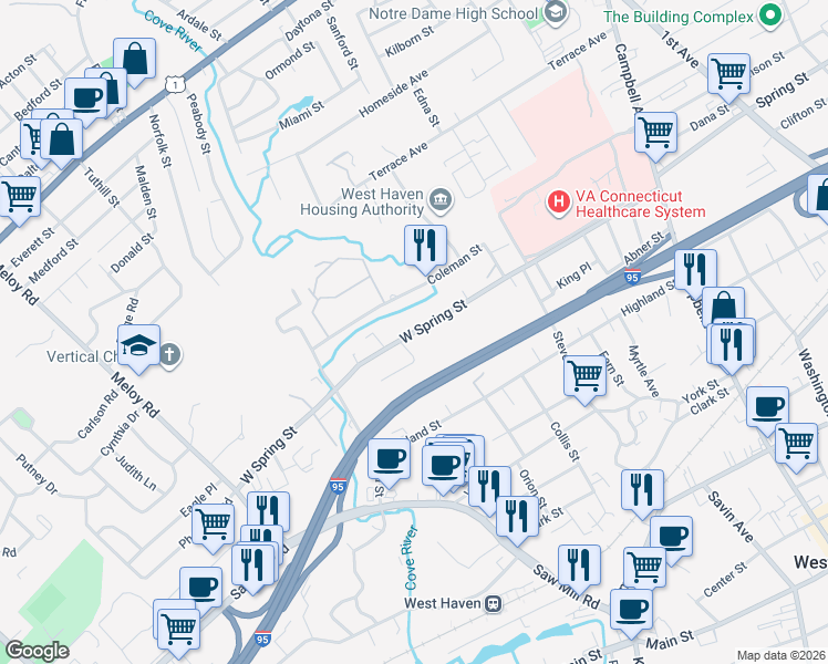 map of restaurants, bars, coffee shops, grocery stores, and more near 279 West Spring Street in West Haven