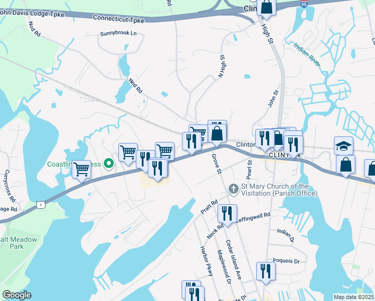 map of restaurants, bars, coffee shops, grocery stores, and more near 68 West Main Street in Clinton