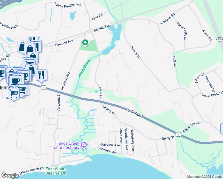 map of restaurants, bars, coffee shops, grocery stores, and more near 1 Wilshire Road in Madison
