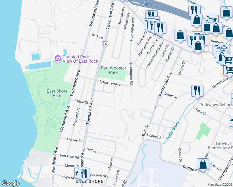 map of restaurants, bars, coffee shops, grocery stores, and more near 5 Horsley Avenue in New Haven