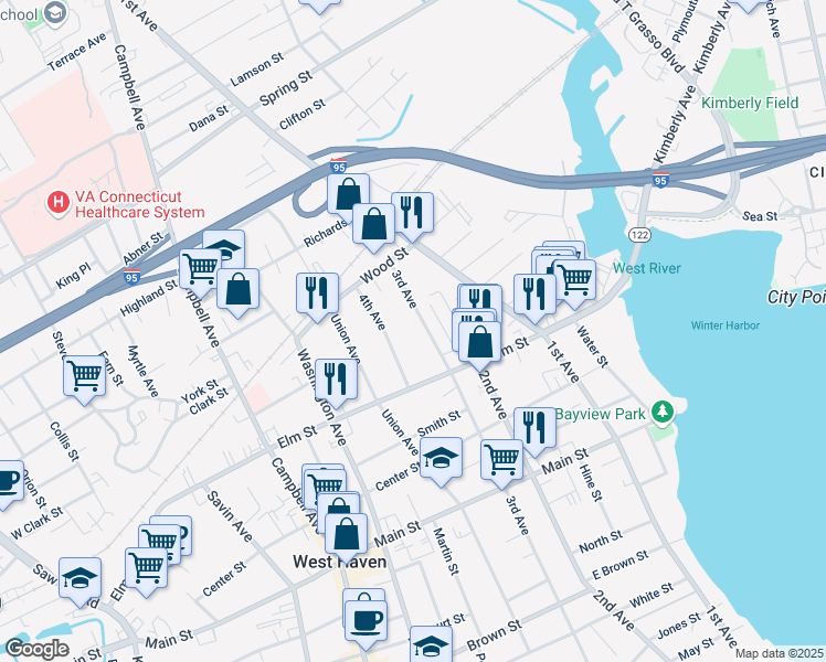 map of restaurants, bars, coffee shops, grocery stores, and more near 646 3rd Avenue in West Haven