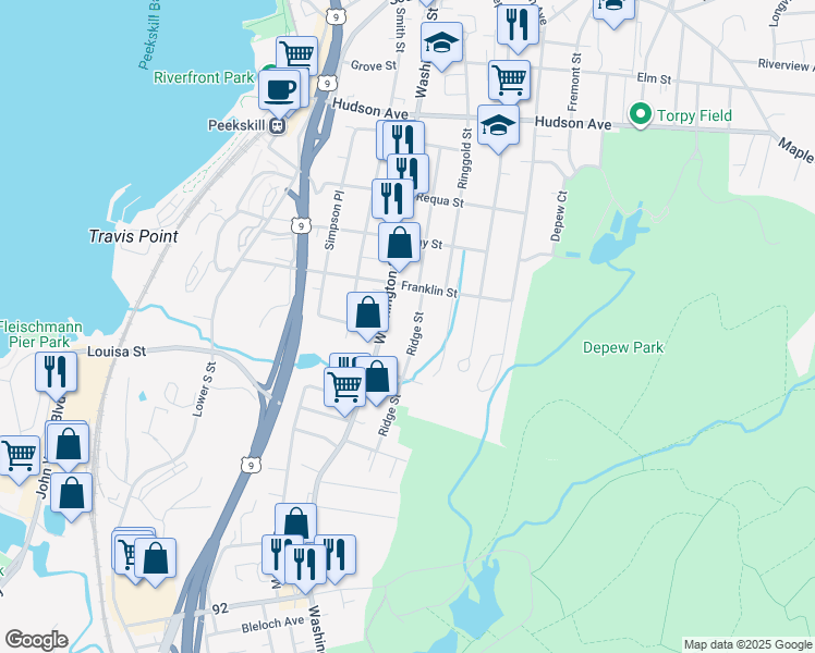 map of restaurants, bars, coffee shops, grocery stores, and more near 654 Ridge Street in Peekskill