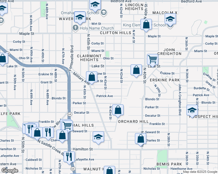map of restaurants, bars, coffee shops, grocery stores, and more near 4234 Patrick Avenue in Omaha