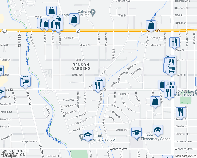 map of restaurants, bars, coffee shops, grocery stores, and more near 2123 Benson Gardens Boulevard in Omaha