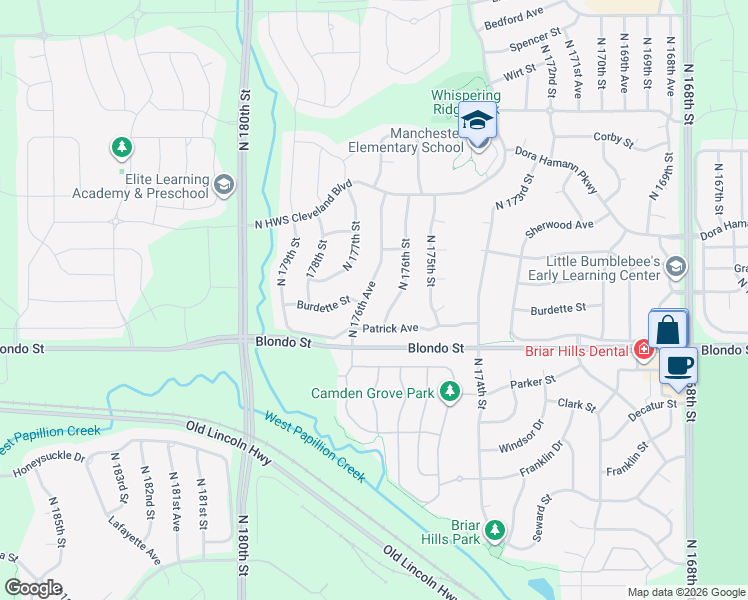 map of restaurants, bars, coffee shops, grocery stores, and more near 2108 North 176th Street in Omaha