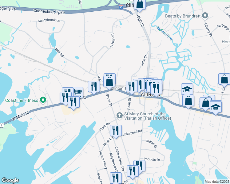 map of restaurants, bars, coffee shops, grocery stores, and more near 44 West Main Street in Clinton