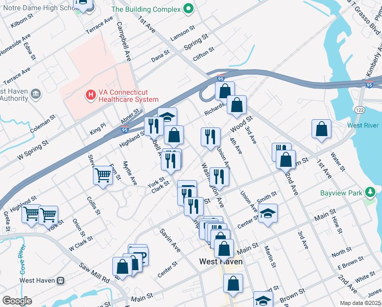 map of restaurants, bars, coffee shops, grocery stores, and more near 732 Вашингтон-авеню in West Haven