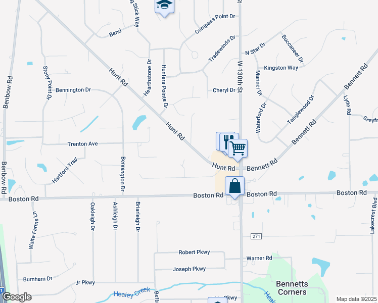 map of restaurants, bars, coffee shops, grocery stores, and more near 19540 Hunt Road in Strongsville