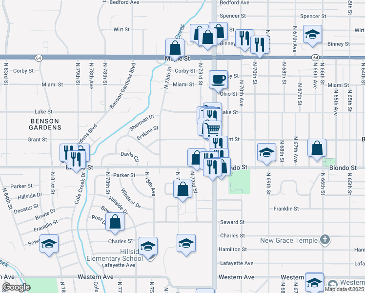 map of restaurants, bars, coffee shops, grocery stores, and more near 7347 Grant Street in Omaha