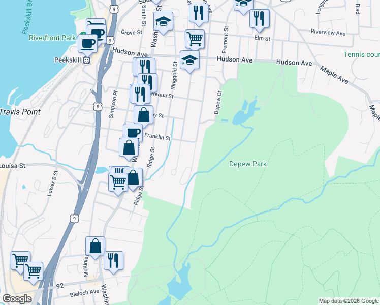 map of restaurants, bars, coffee shops, grocery stores, and more near 625 Union Avenue in Peekskill