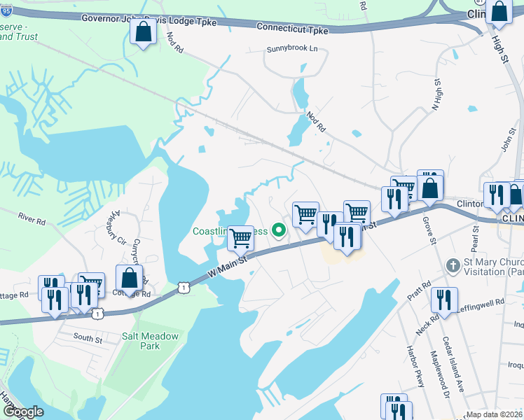 map of restaurants, bars, coffee shops, grocery stores, and more near 16 Highland Drive in Clinton