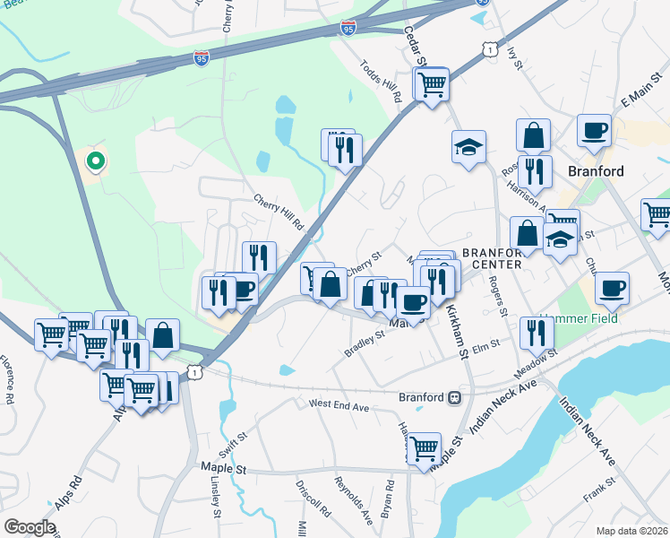 map of restaurants, bars, coffee shops, grocery stores, and more near 17 Cherry Hill Road in Branford