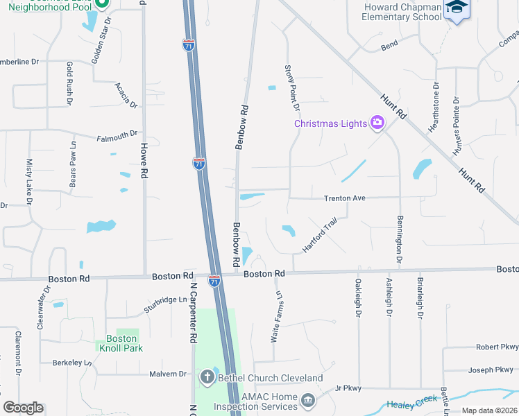 map of restaurants, bars, coffee shops, grocery stores, and more near 15131 Hartford Trail in Strongsville