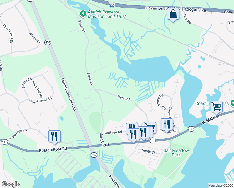 map of restaurants, bars, coffee shops, grocery stores, and more near 118 River Road in Madison