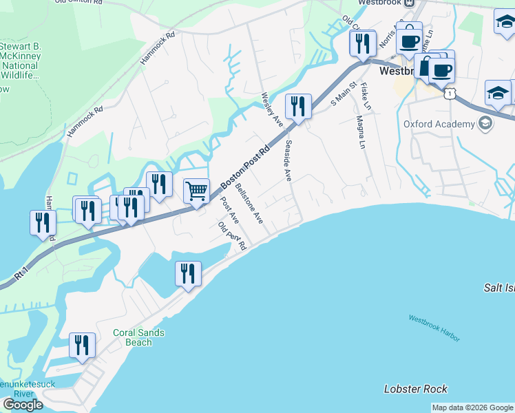 map of restaurants, bars, coffee shops, grocery stores, and more near 58 Bellstone Avenue in Westbrook