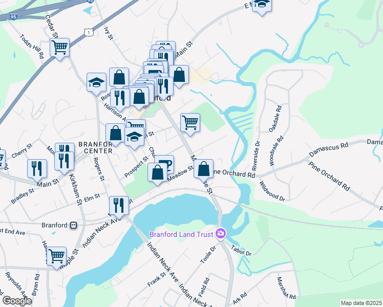 map of restaurants, bars, coffee shops, grocery stores, and more near Montowese Street & Averill Place in Branford