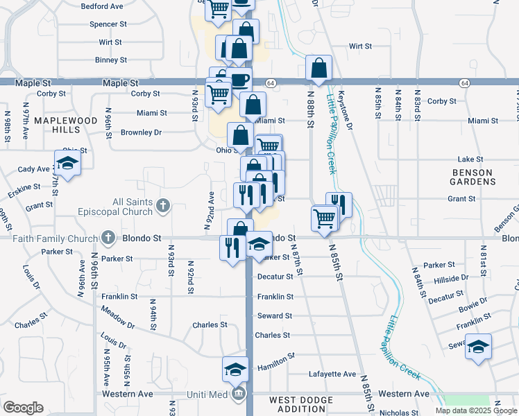map of restaurants, bars, coffee shops, grocery stores, and more near 2005 Nebraska 133 in Omaha