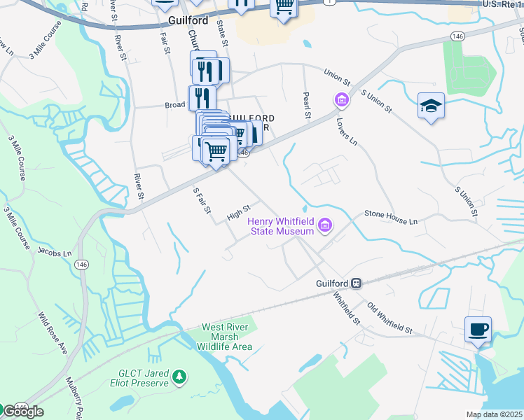 map of restaurants, bars, coffee shops, grocery stores, and more near 23 Norton Avenue in Guilford