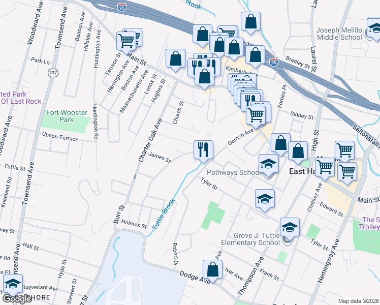 map of restaurants, bars, coffee shops, grocery stores, and more near 43 Windsor Street in East Haven