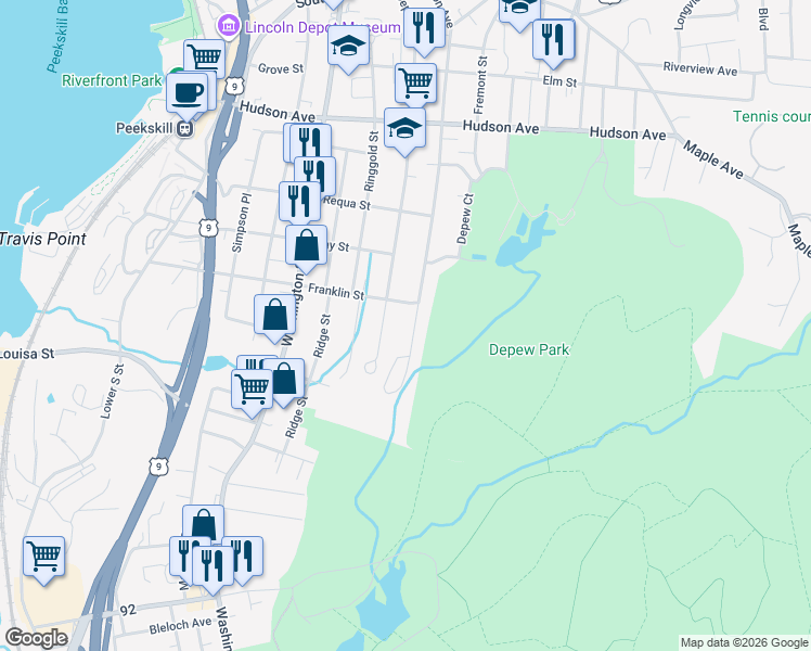 map of restaurants, bars, coffee shops, grocery stores, and more near 625 Union Avenue in Peekskill