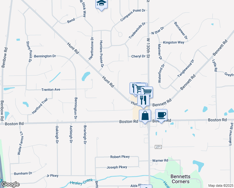 map of restaurants, bars, coffee shops, grocery stores, and more near 19540 Hunt Road in Strongsville