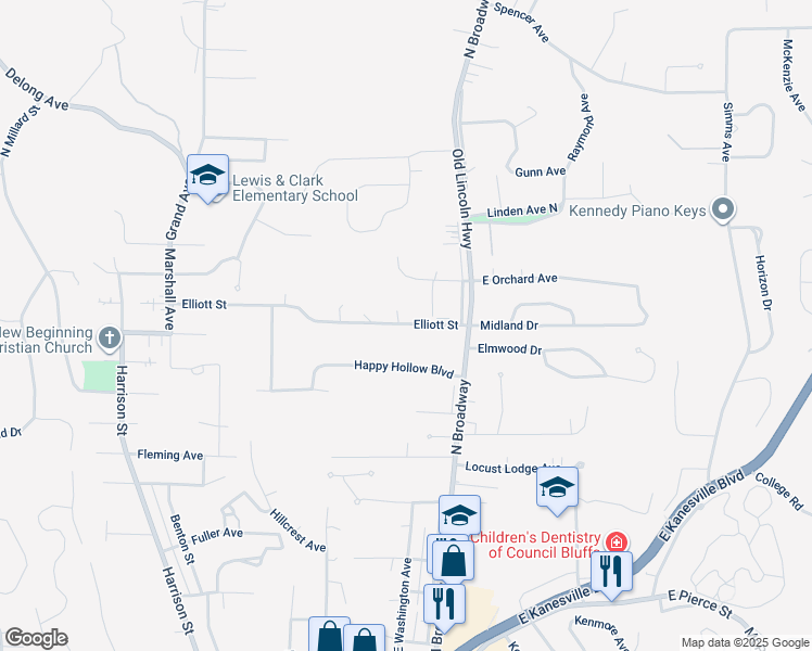 map of restaurants, bars, coffee shops, grocery stores, and more near 11 Elliott Street in Council Bluffs