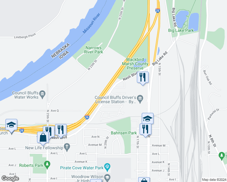 map of restaurants, bars, coffee shops, grocery stores, and more near 1951 Nash Boulevard in Council Bluffs