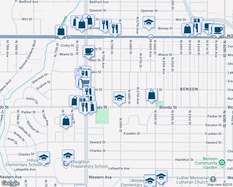 map of restaurants, bars, coffee shops, grocery stores, and more near 2022 North 69th Street in Omaha