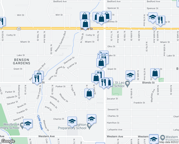map of restaurants, bars, coffee shops, grocery stores, and more near 7402 Blondo Street in Omaha