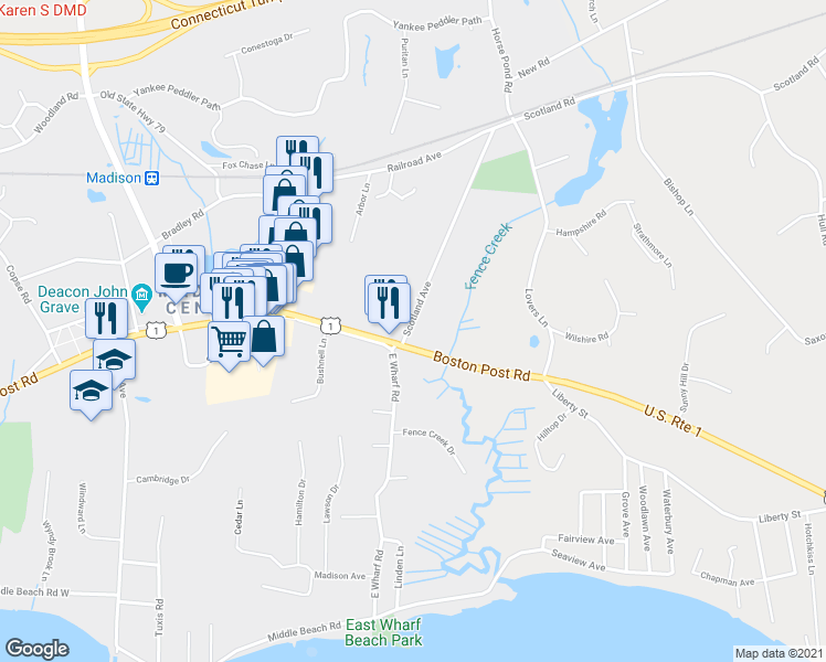 map of restaurants, bars, coffee shops, grocery stores, and more near 8 Scotland Avenue in Madison