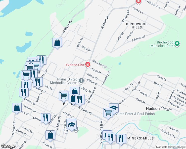 map of restaurants, bars, coffee shops, grocery stores, and more near 63 Scott St in Plains