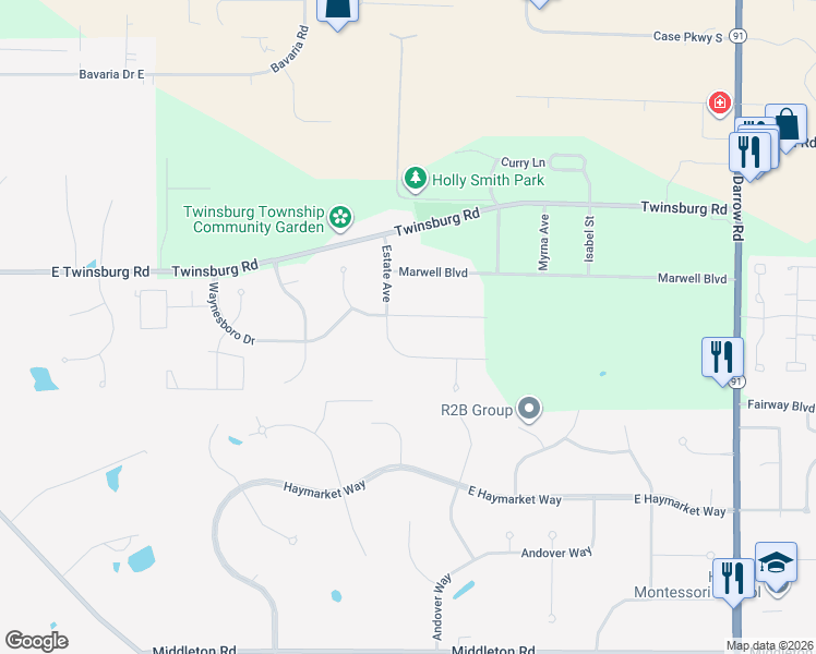 map of restaurants, bars, coffee shops, grocery stores, and more near 7583 Estate Avenue in Hudson