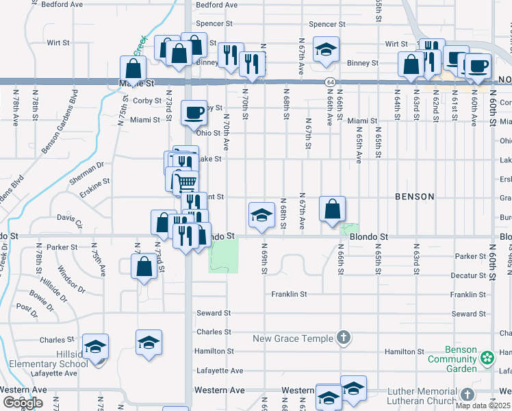 map of restaurants, bars, coffee shops, grocery stores, and more near 2022 North 69th Street in Omaha