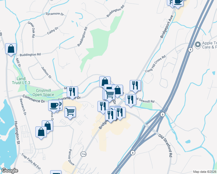 map of restaurants, bars, coffee shops, grocery stores, and more near 100 Commerce Drive in Shelton