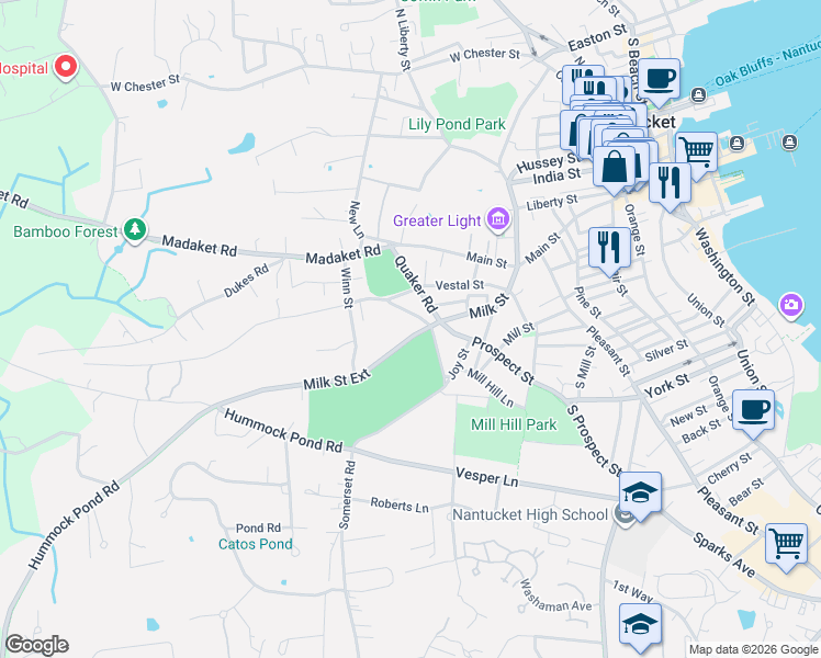 map of restaurants, bars, coffee shops, grocery stores, and more near 39 Milk Street in Nantucket