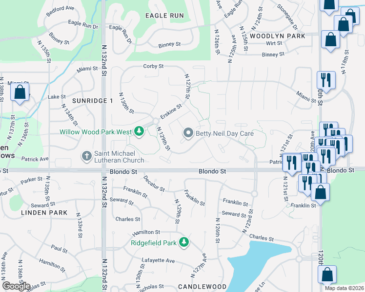 map of restaurants, bars, coffee shops, grocery stores, and more near 2228 North 128th Circle in Omaha
