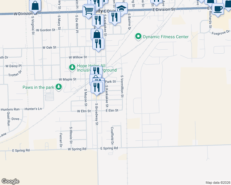 map of restaurants, bars, coffee shops, grocery stores, and more near 155 East Park Street in Coal City