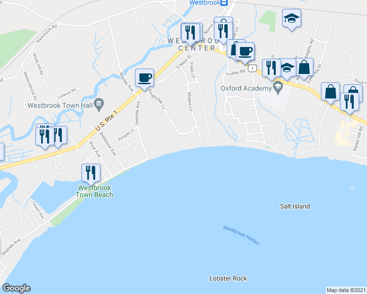 map of restaurants, bars, coffee shops, grocery stores, and more near 143 Kingfisher Lane in Westbrook
