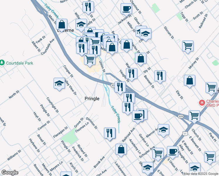 map of restaurants, bars, coffee shops, grocery stores, and more near Highway 309 in Pringle