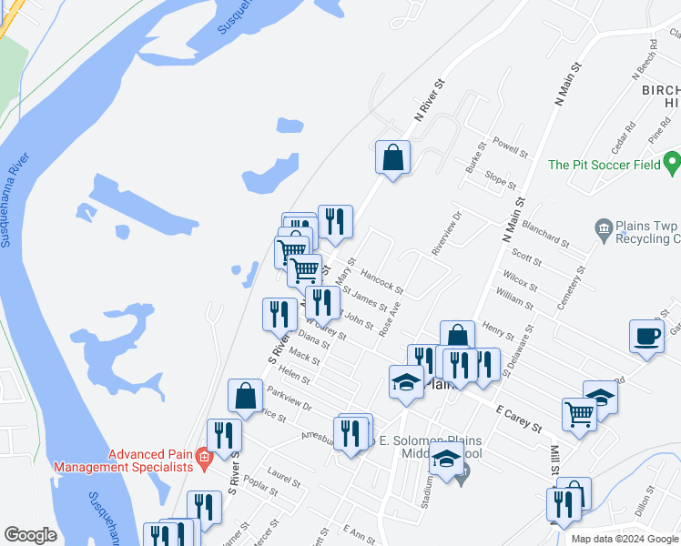 map of restaurants, bars, coffee shops, grocery stores, and more near 47 Saint Mary Street in Wilkes-Barre