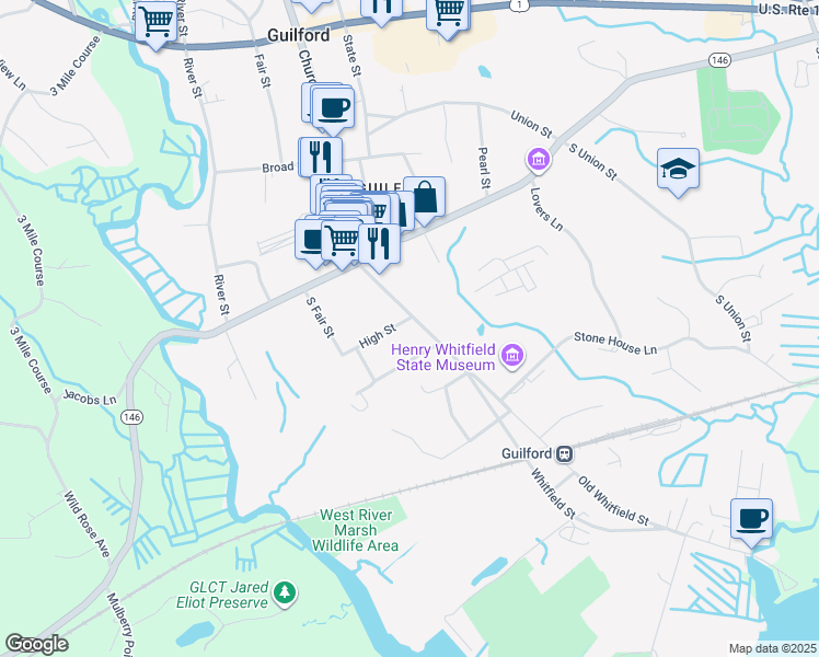 map of restaurants, bars, coffee shops, grocery stores, and more near 148 Whitfield Street in Guilford