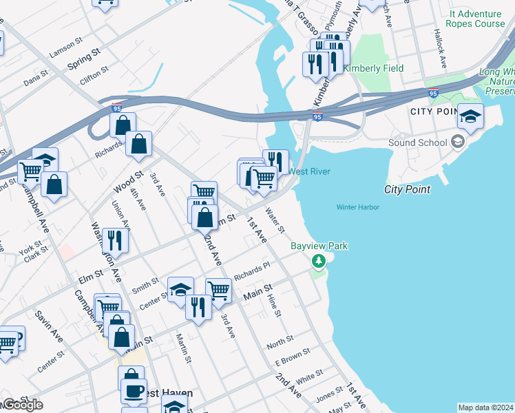 map of restaurants, bars, coffee shops, grocery stores, and more near 31 Elm Street in West Haven