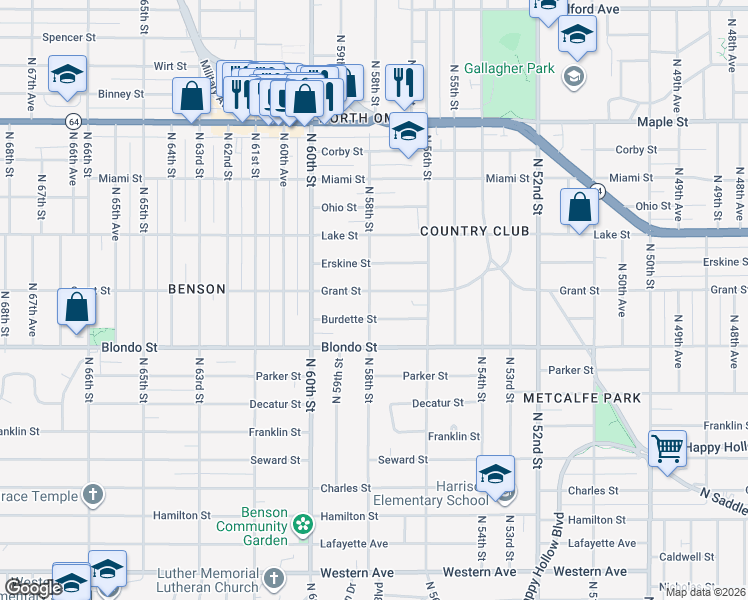 map of restaurants, bars, coffee shops, grocery stores, and more near 5640 Grant Street in Omaha