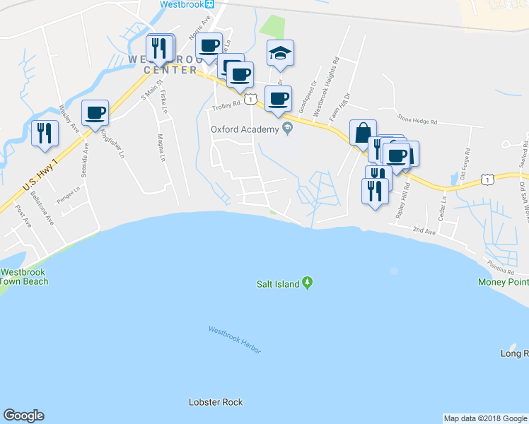 map of restaurants, bars, coffee shops, grocery stores, and more near 47 Pepperidge Avenue in Westbrook