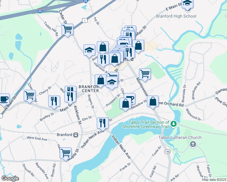 map of restaurants, bars, coffee shops, grocery stores, and more near 23 Eades Street in Branford