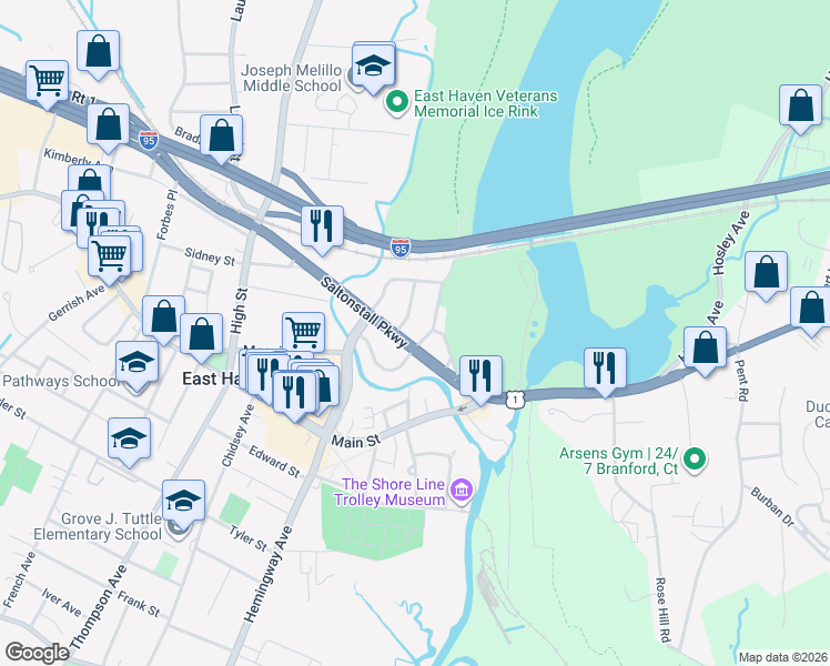 map of restaurants, bars, coffee shops, grocery stores, and more near 30 Saltonstall Place in East Haven